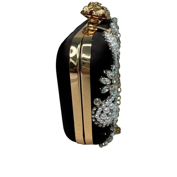 Black Satin Multi Rhinestone and Pearl Accent Clutch Purse Evening Bag - Picture 2 of 9